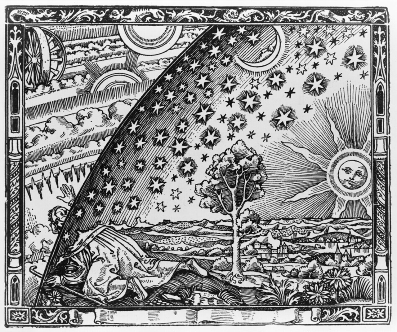 Flammarion Engraving - A person peers through the firmament to see the crazy clouds n stuff behind it. Hey, that wheel is inside of the other wheel! Are you SURE this isn't AI generated?